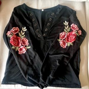 🌹Black Long-sleeve Shirt w/ rose detailing🌹